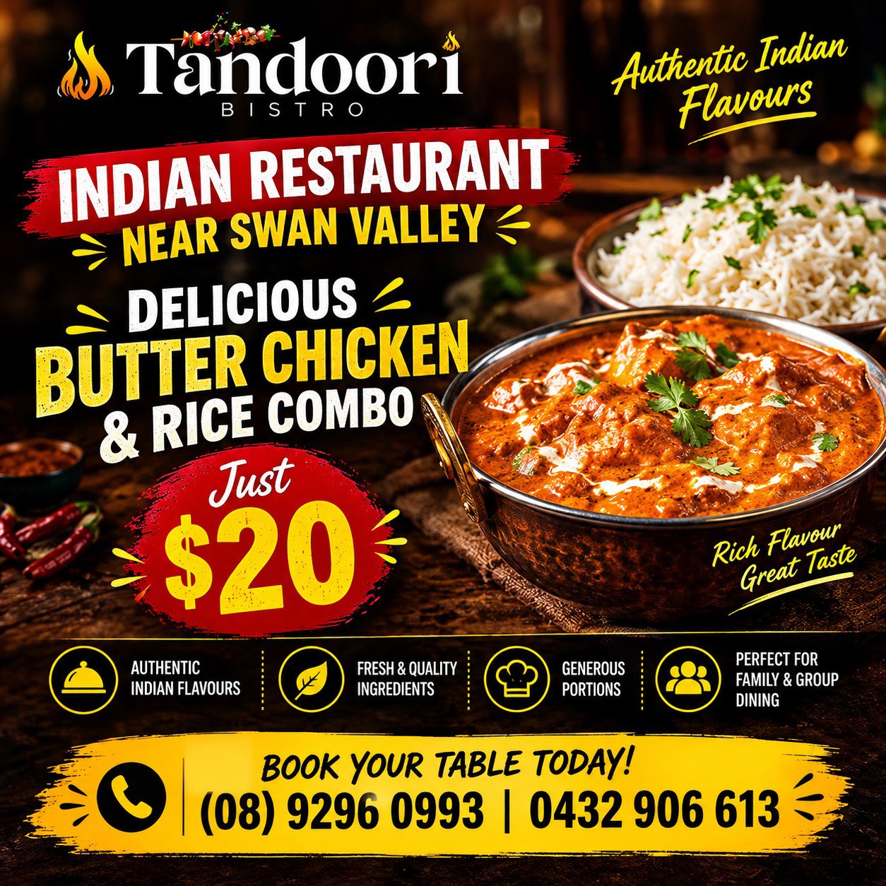 Indian Restaurant Near Swan Valley – Delicious Butter Chicken & Rice Combo Just $20