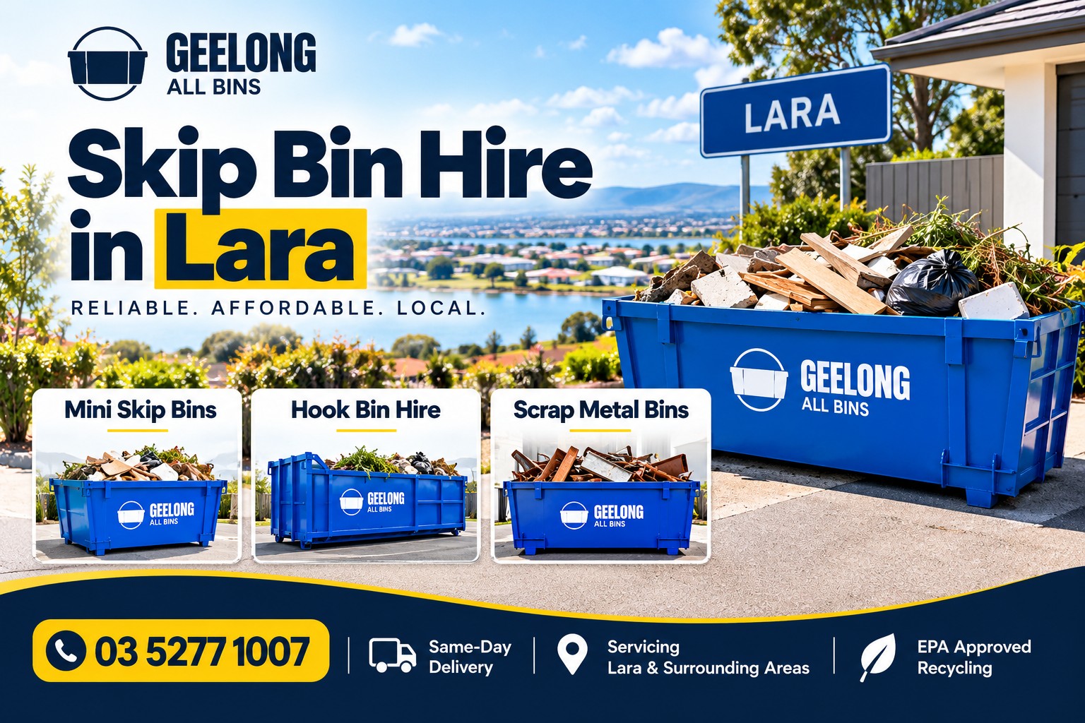  Skip Bin Hire Lara | Mini Skips to Hook Bins | From $320 | Same-Day Delivery