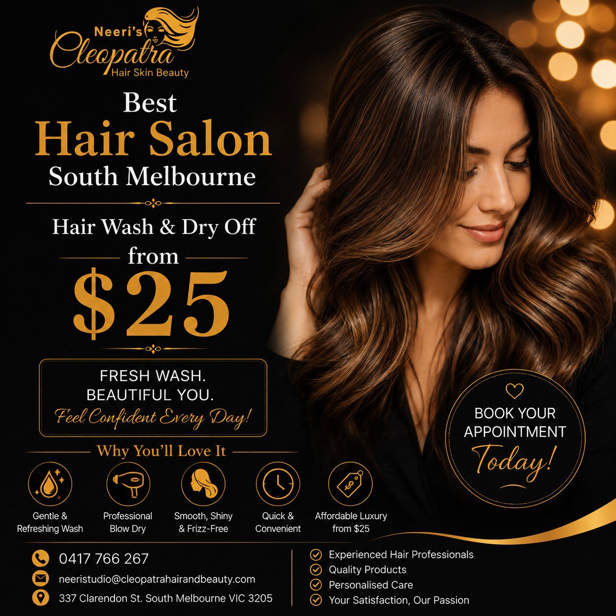 Best Hair Salon South Melbourne – Hair Wash & Dry Off from $25 at Neeri’s Cleopatra 