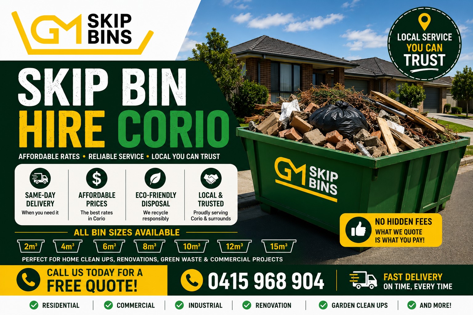 Skip Bin Hire Corio | Same-Day Delivery, No Hidden Fees, All Waste Accepted – GM Skip Bins