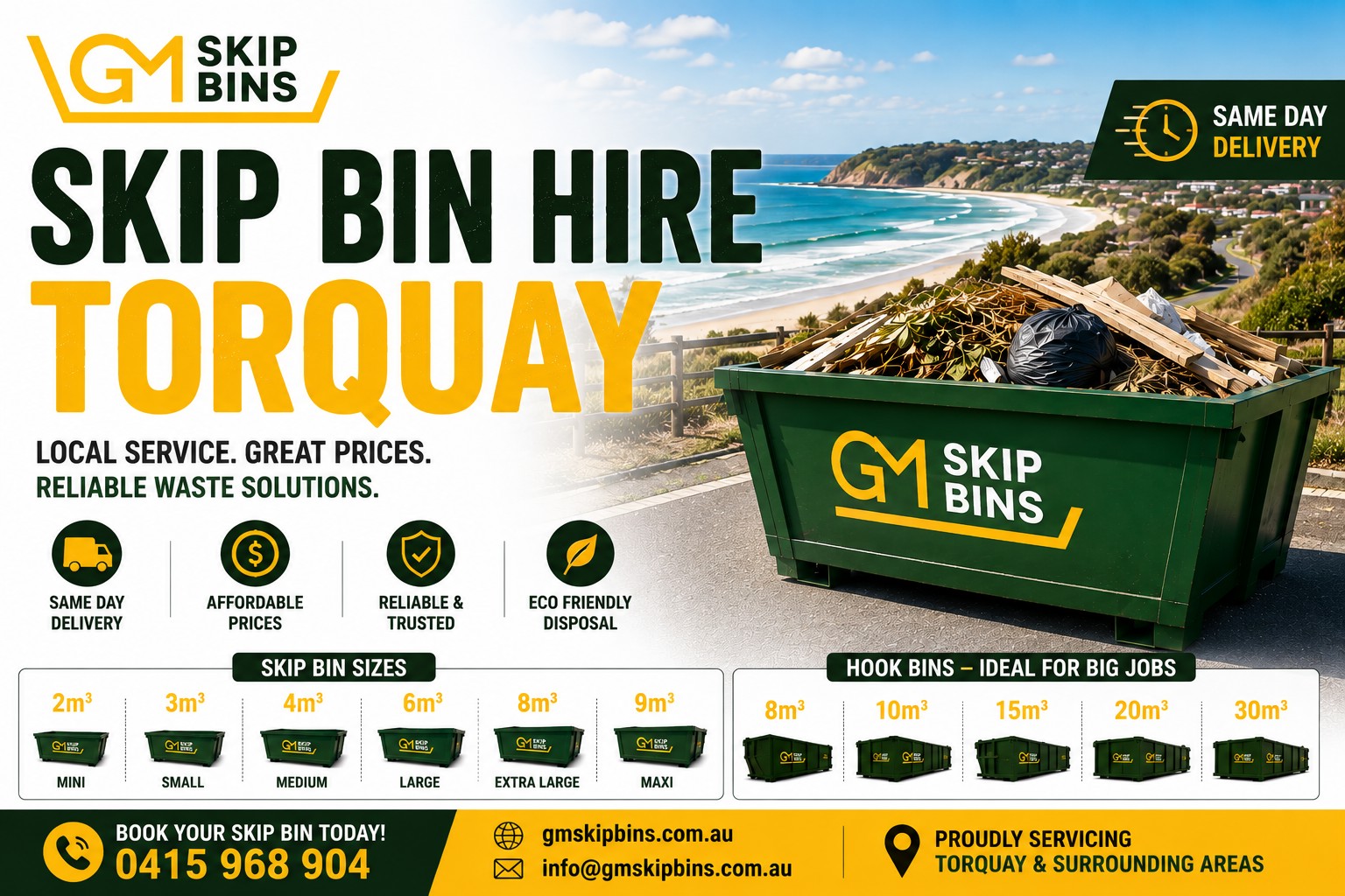 Torquay Skip Bin Hire — All Sizes 2m³ to 30m³ | Same Day Delivery | GM Skip Bins Surf Coast