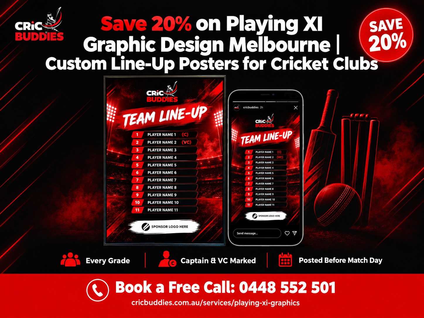 Save 20% on Playing XI Graphic Design Melbourne | Custom Line-Up Posters for Cricket Clubs