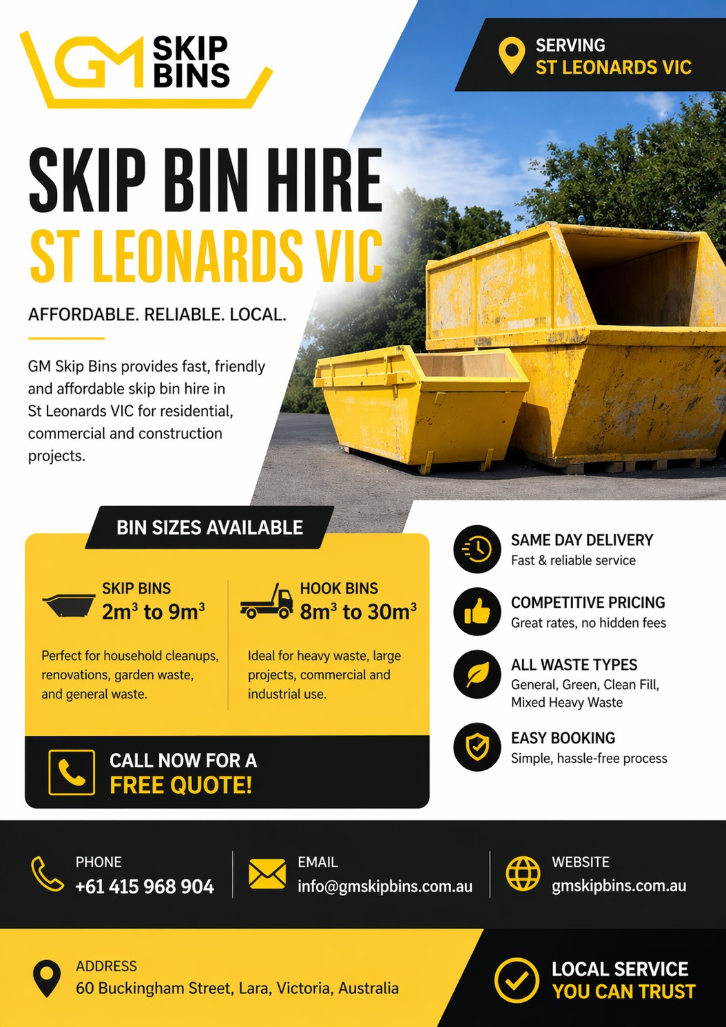 Cheap Skip Bin Hire St Leonards VIC | 2m³–30m³ Bins Available