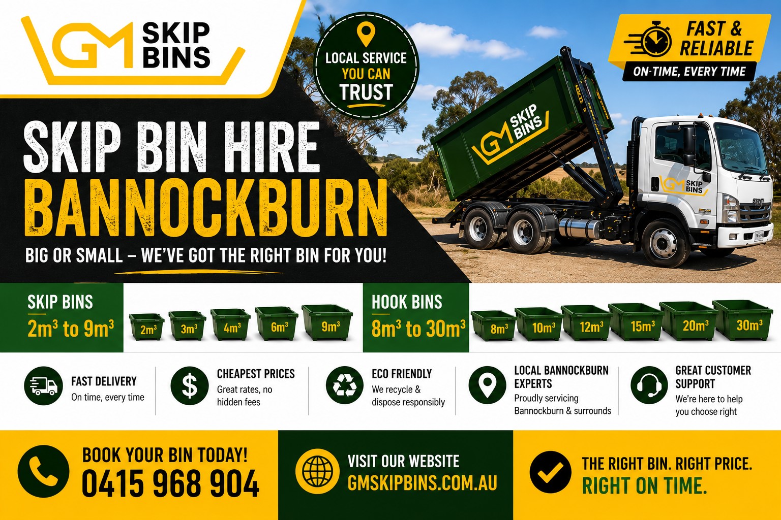 Skip Bin Hire Bannockburn — 2m³ to 9m³ Skip Bins + Hook Bins 8m³ to 30m³ | GM Skip Bins