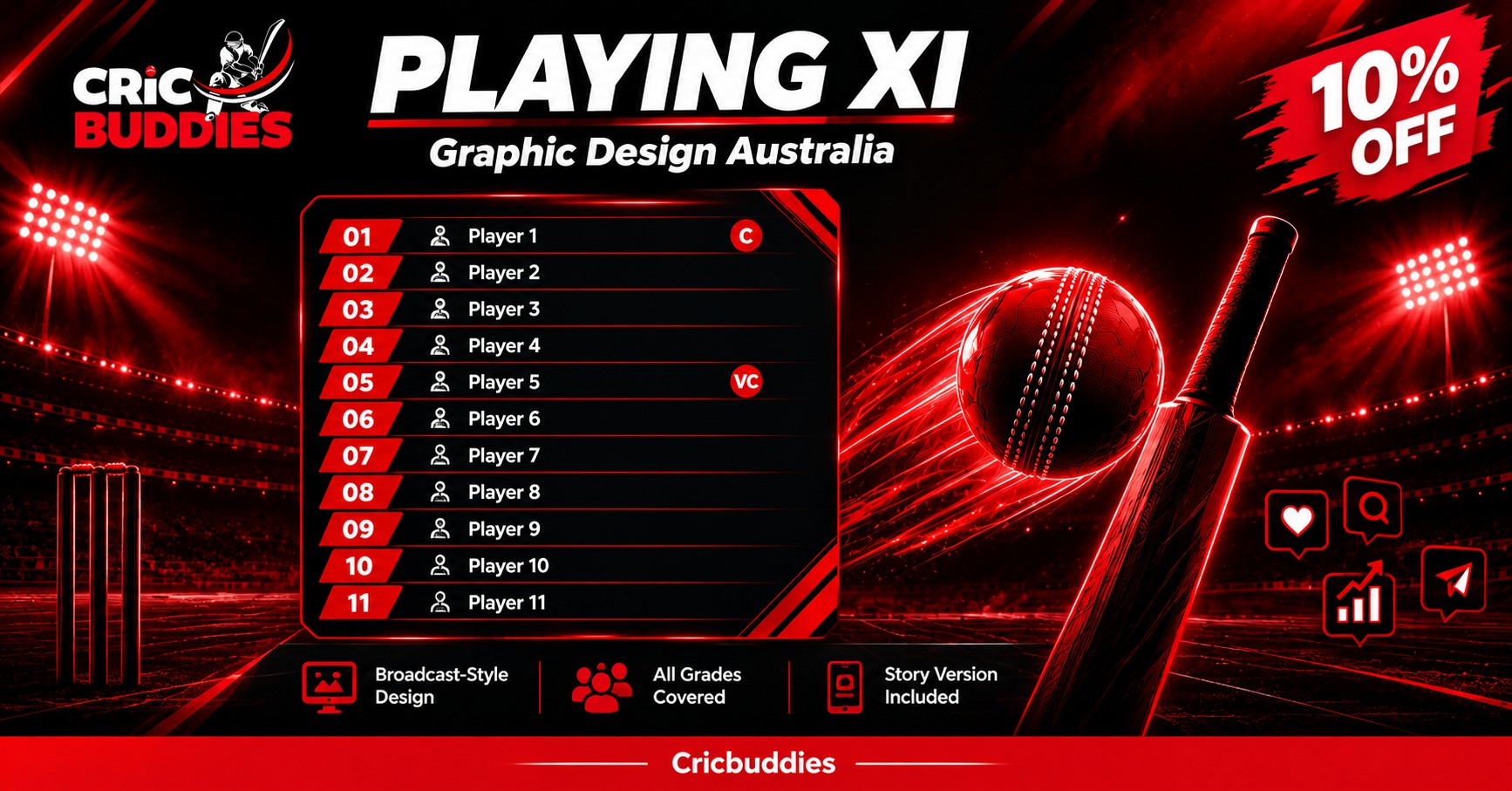 Playing XI Graphic Design Australia | 10% Off Cricket Line-Up Graphics | Cricbuddies